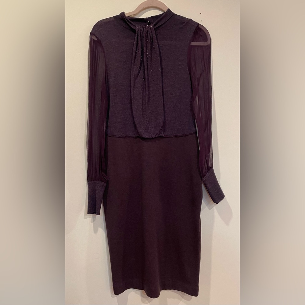 Tory Burch Wool Silk Sweater Dress Small Purple Drape Neck Midi Flawed